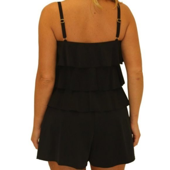 NWT $85 Sz 16 Fit 4 U Laser-Cut V-Tiered Bandeau Romper Black - Picture 2 of 2